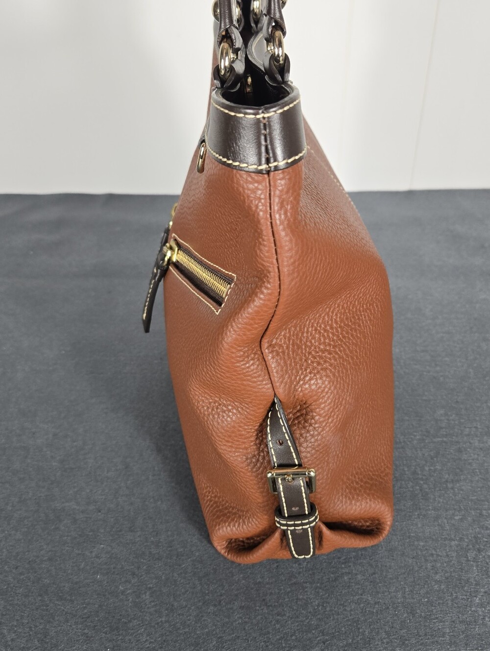Dooney & Bourke Chestnut Brown Pebbled Leather Tote with Dark Trim - Picture 4 of 12